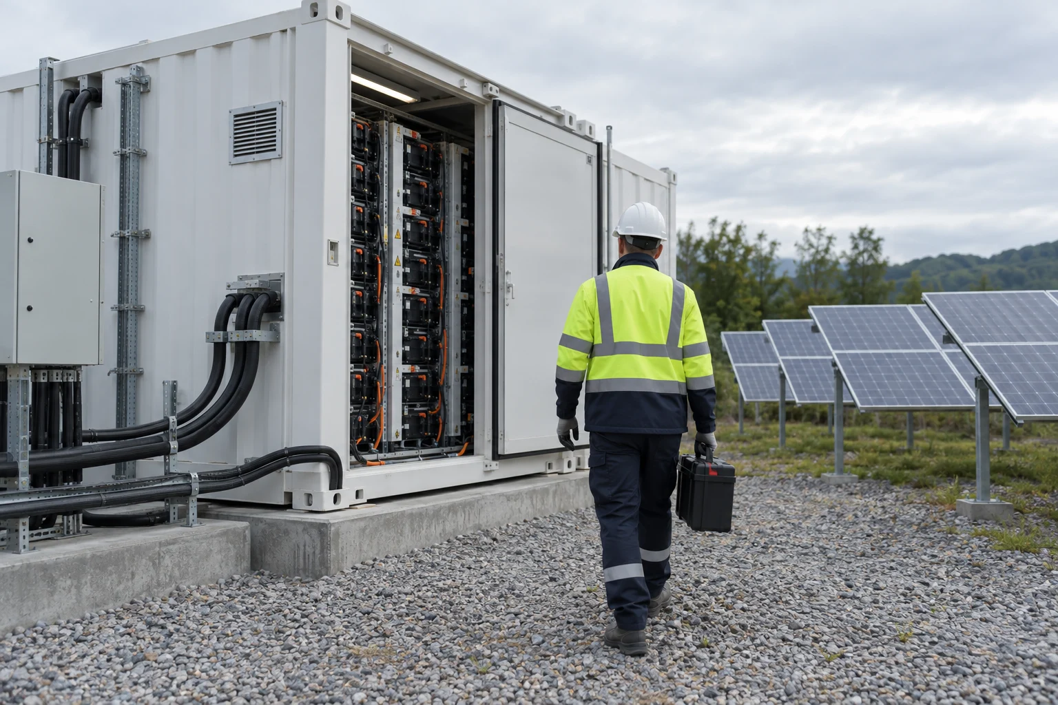 Ilustracija baterijskog spremnika povezanog sa solarnom elektranom.